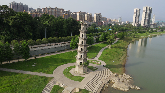 城市航拍湖南益阳古塔 
