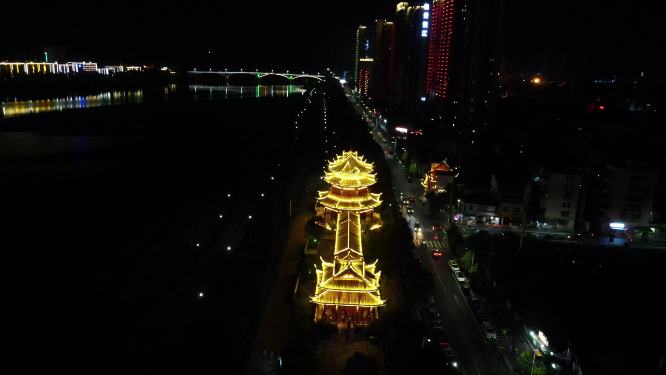 城市航拍湖南益阳文昌阁夜景