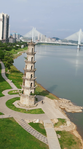 城市航拍湖南益阳斗魁塔地标建筑