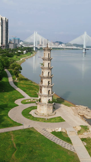 城市航拍湖南益阳斗魁塔地标建筑