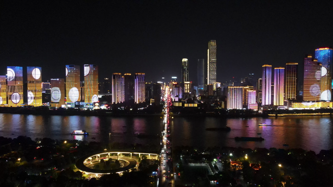 城市航拍湖南长沙中轴线五一大道夜景