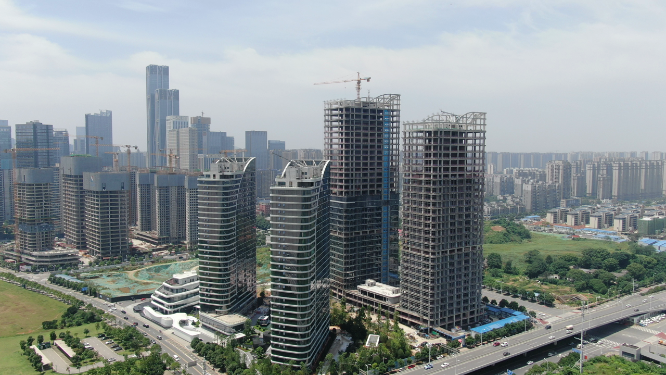 城市航拍湖南长沙城市在建商务大楼