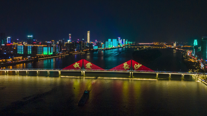城市航拍湖南长沙银盆岭大桥夜景移动延时