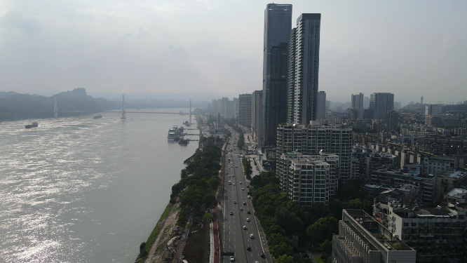 航拍湖北宜昌沿江大道万达广场宜昌国际广场