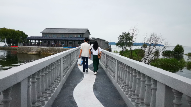 实拍行人背影过桥旅游