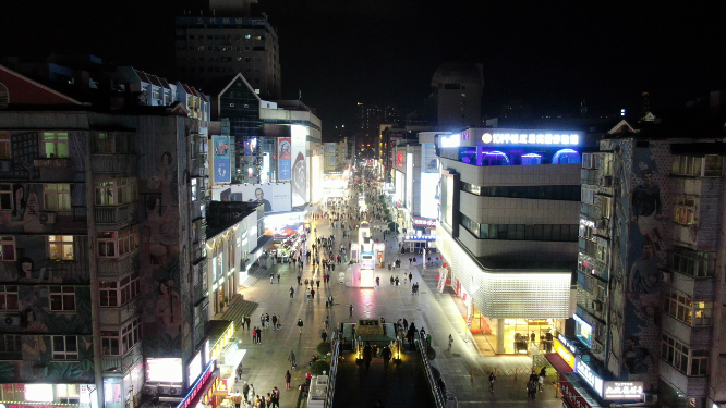 山东济南台东步行街夜景航拍