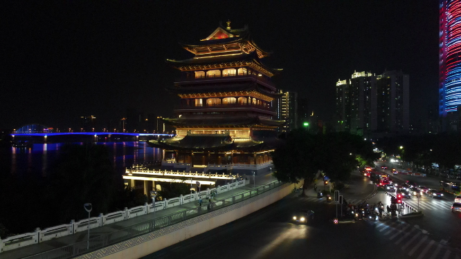 广西南宁畅游阁夜景灯光航拍