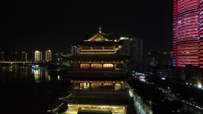 广西南宁畅游阁夜景灯光航拍