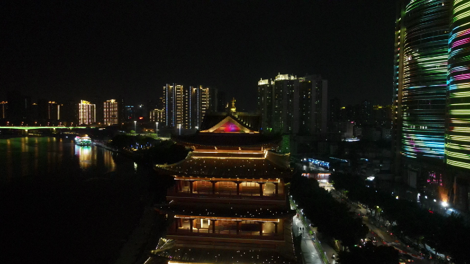 广西南宁畅游阁夜景灯光航拍
