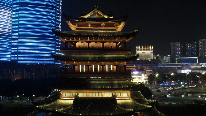 广西南宁畅游阁夜景灯光航拍