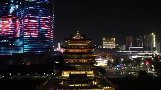 广西南宁畅游阁夜景灯光航拍