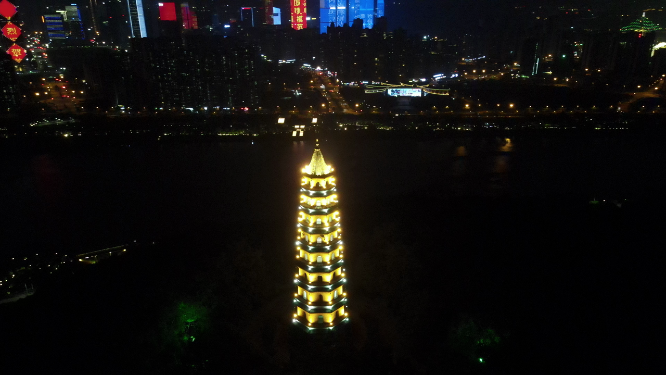 广西南宁青秀山龙象塔夜景航拍