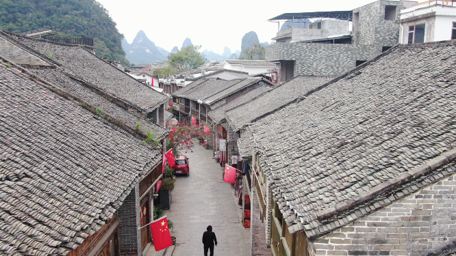 旅游景区广西阳朔兴坪古镇航拍 