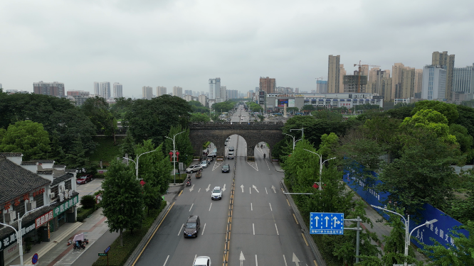 旅游景区湖北荆州古城古城门航拍