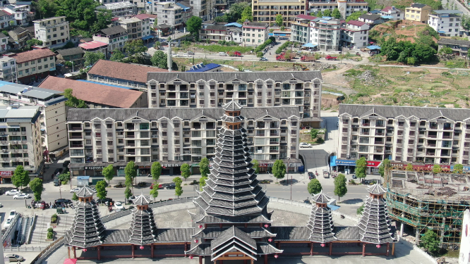 旅游景区湖南新晃鼓楼航拍 