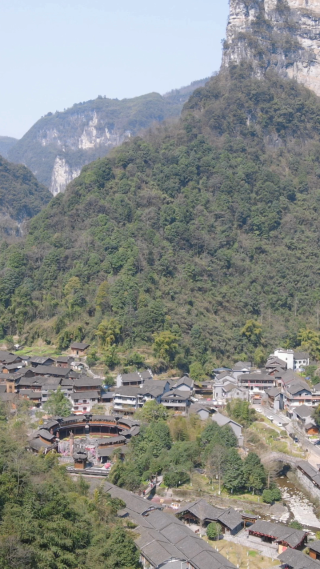 旅游景区湖南湘西德夯苗寨竖屏航拍