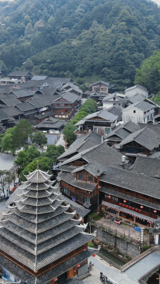 旅游景区航拍湖南通道皇都侗民族文化村