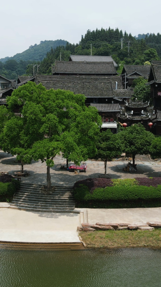 旅游景区航拍湖南通道皇都侗民族文化村