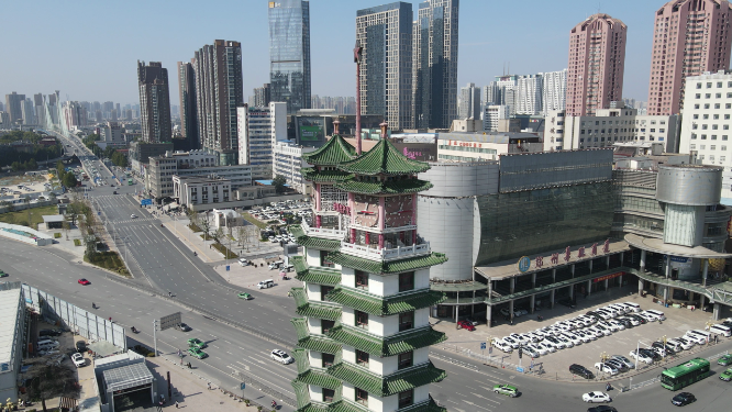 河南郑州二七塔地标建筑航拍