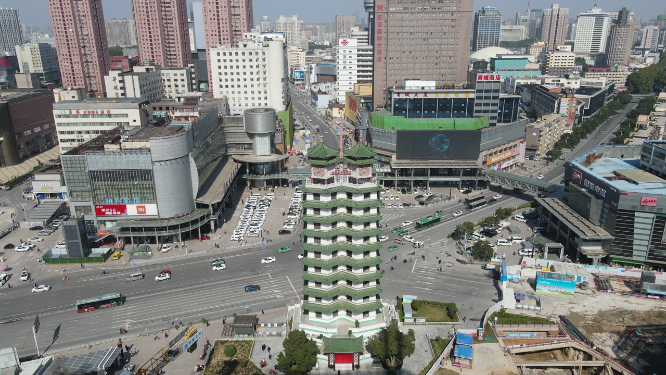 河南郑州二七塔地标建筑航拍