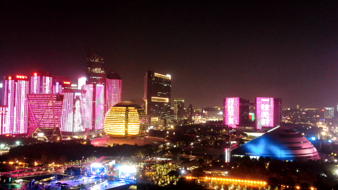浙江杭州市民广场钱江新城夜景航拍