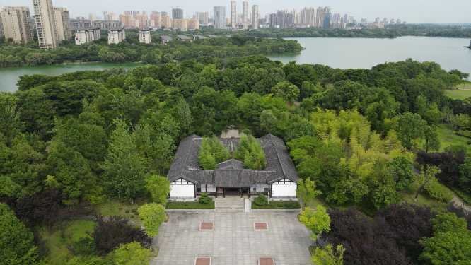湖北黄冈遗爱湖公园-苏东坡纪念馆航拍