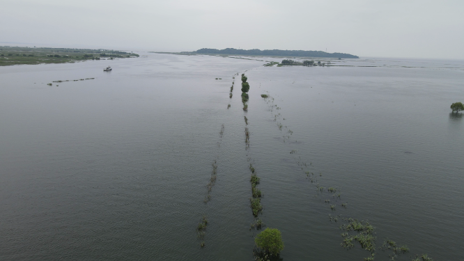 湖南岳阳洞庭湖君山岛被水淹没的公路航拍