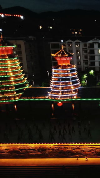 湖南新晃鼓楼夜景航拍