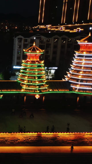 湖南新晃鼓楼夜景航拍