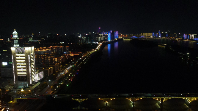 湖南长沙城市湘江橘子洲夜景灯光航拍