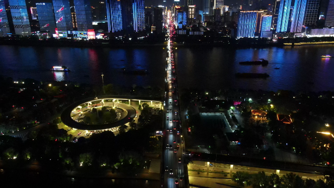 湖南长沙城市湘江橘子洲夜景灯光航拍