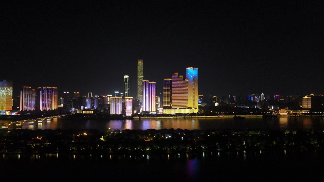 湖南长沙城市湘江橘子洲夜景灯光航拍