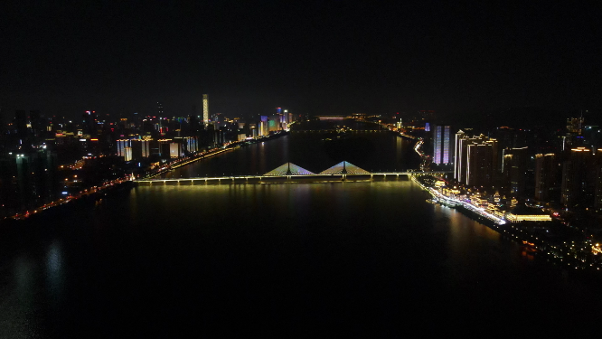 湖南长沙城市湘江橘子洲夜景灯光航拍