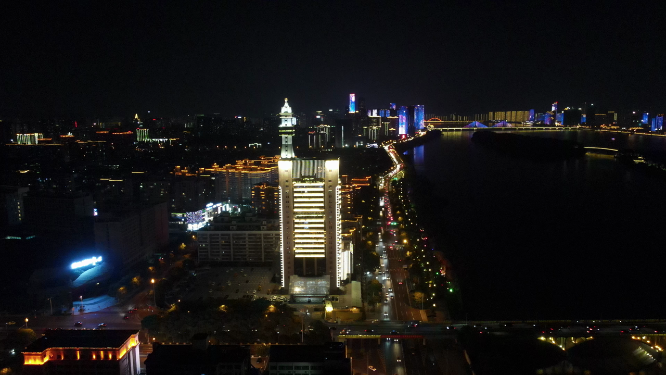 湖南长沙城市湘江橘子洲夜景灯光航拍