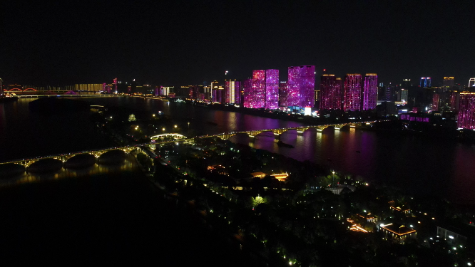 湖南长沙城市湘江橘子洲夜景灯光航拍
