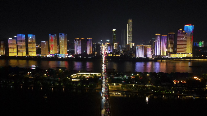 湖南长沙城市湘江橘子洲夜景灯光航拍