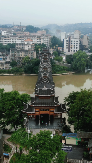湖南靖州江东风雨桥竖屏航拍