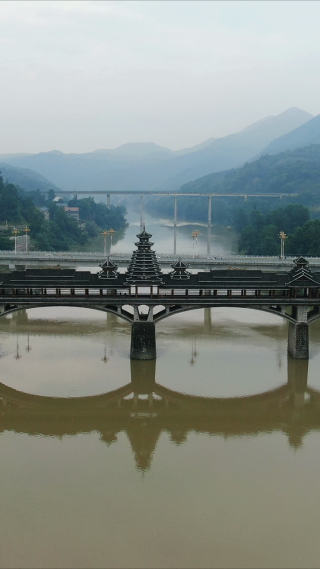 湖南靖州江东风雨桥竖屏航拍