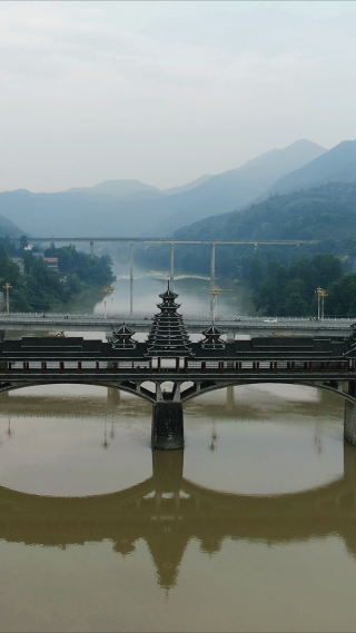 湖南靖州江东风雨桥竖屏航拍