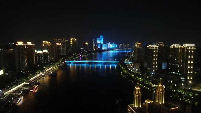 福建福州闽江两岸夜景灯光航拍