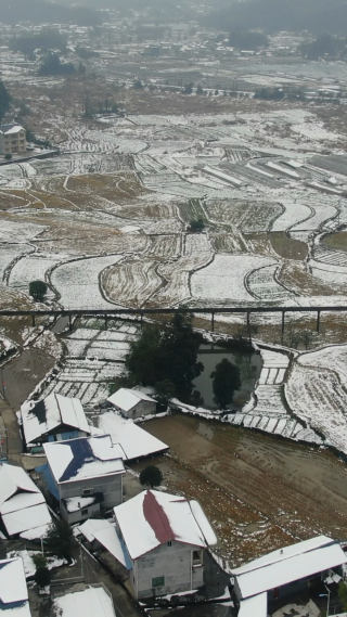 美丽乡村田园冬天雪景竖屏航拍