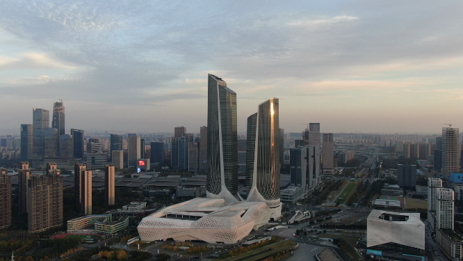 航拍南京河西双塔地标建筑