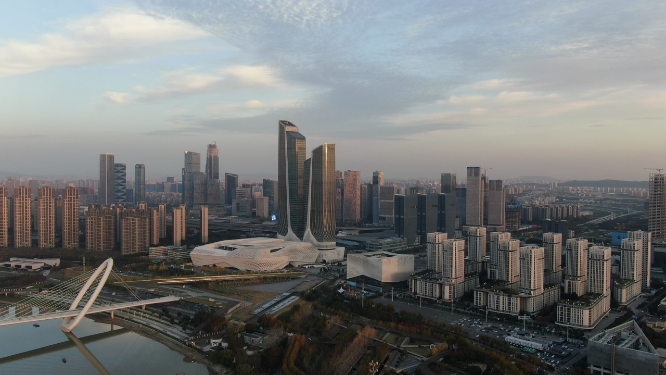 航拍南京河西双塔地标建筑