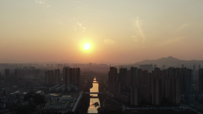 航拍城市日落晚霞剪影湖南怀化