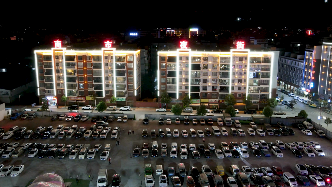 航拍城市集中夜市摊移动延时
