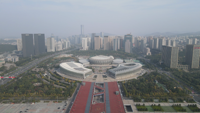 航拍山东济南奥体中心体育馆