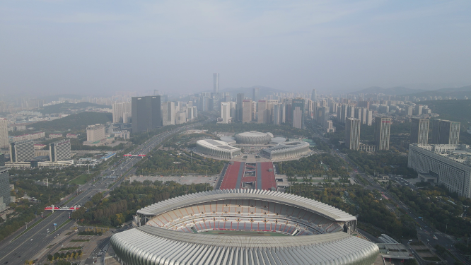 航拍山东济南奥体中心体育馆