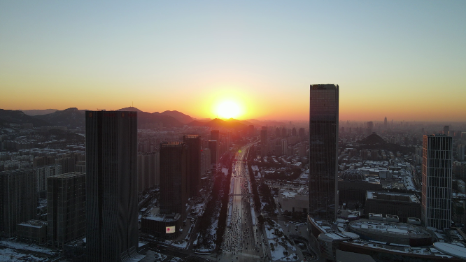 航拍山东济南日落晚霞夕阳