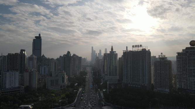 航拍广西南宁城市清晨高楼建筑
