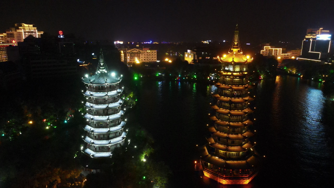 航拍广西桂林日月双塔夜景 